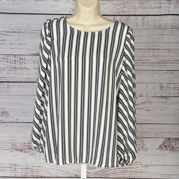 LOFT, Chiffon Black/White Vertical Stripe Crew Neck Blouse Size M - Picture 1 of 5
